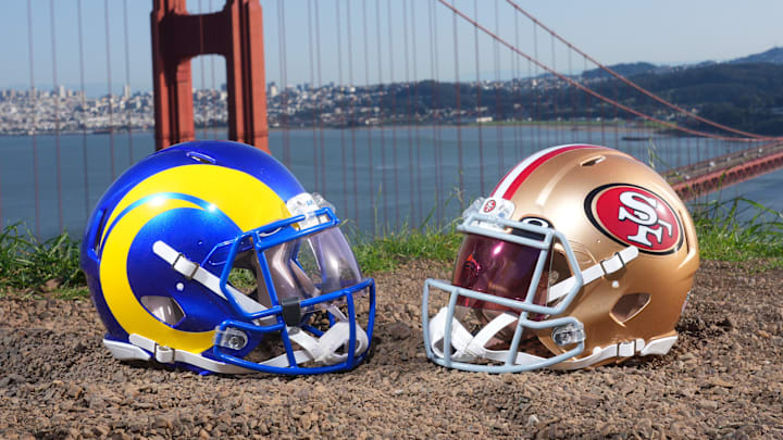Los Angeles Rams and San Francisco 49ers helmets. Mandatory Credit: Kirby Lee-Imagn Images Los Angeles Rams and San Francisco 49ers helmets. Mandatory Credit: Kirby Lee-Imagn Images
