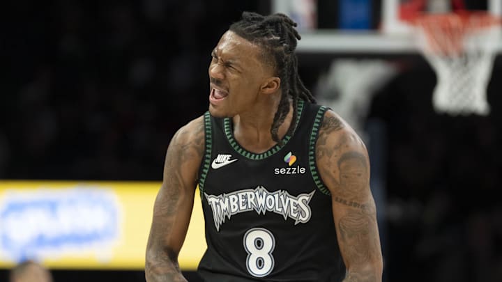 Feb 6, 2026; Minneapolis, Minnesota, USA; Minnesota Timberwolves guard Bones Hyland (8) celebrates making a shot against the New Orleans Pelicans in the second half at Target Center. Mandatory Credit: Jesse Johnson-Imagn Images Feb 6, 2026; Minneapolis, Minnesota, USA; Minnesota Timberwolves guard Bones Hyland (8) celebrates making a shot against the New Orleans Pelicans in the second half at Target Center. Mandatory Credit: Jesse Johnson-Imagn Images