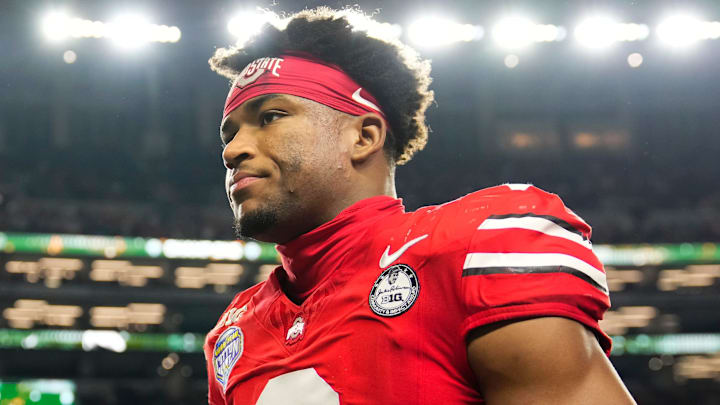 Ohio State Buckeyes defensive back Caleb Downs (2) leaves the field following the Cotton Bowl at AT&T Stadium in Arlington, Texas for the College Football Playoff quarterfinal game against the Miami Hurricanes on Dec. 31, 2025. Ohio State lost 24-14. Ohio State Buckeyes defensive back Caleb Downs (2) leaves the field following the Cotton Bowl at AT&T Stadium in Arlington, Texas for the College Football Playoff quarterfinal game against the Miami Hurricanes on Dec. 31, 2025. Ohio State lost 24-14.