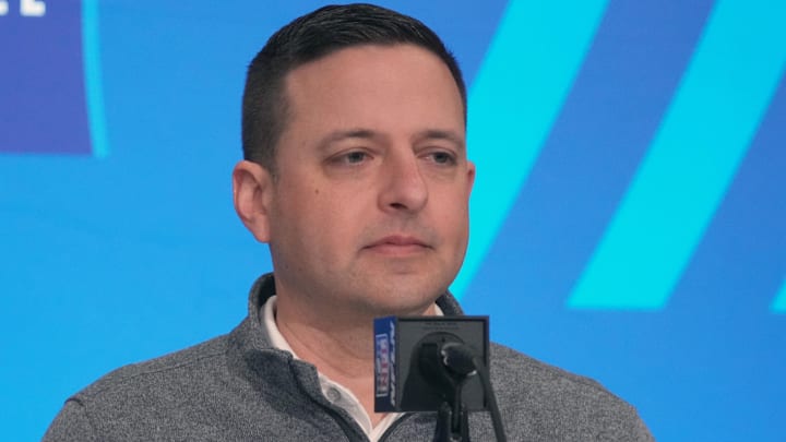 Feb 27, 2024; Indianapolis, IN, USA; New England Patriots director of scouting Eliot Wolf during the NFL Scouting Combine at Indiana Convention Center. Mandatory Credit: Kirby Lee-Imagn Images