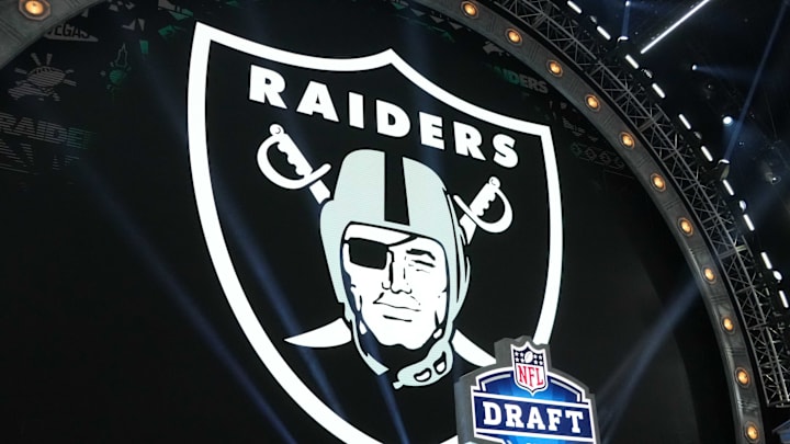 Apr 25, 2024; Detroit, MI, USA; A Las Vegas Raiders logo at the 2024 NFL Draft at Campus Martius Park and Hart Plaza. Mandatory Credit: Kirby Lee-Imagn Images Apr 25, 2024; Detroit, MI, USA; A Las Vegas Raiders logo at the 2024 NFL Draft at Campus Martius Park and Hart Plaza. Mandatory Credit: Kirby Lee-Imagn Images