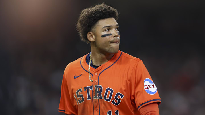 Mar 28, 2025; Houston, TX, USA; Houston Astros right fielder Cam Smith (11) reacts after a play during the game against the New York Mets at Daikin Park. Mar 28, 2025; Houston, TX, USA; Houston Astros right fielder Cam Smith (11) reacts after a play during the game against the New York Mets at Daikin Park.