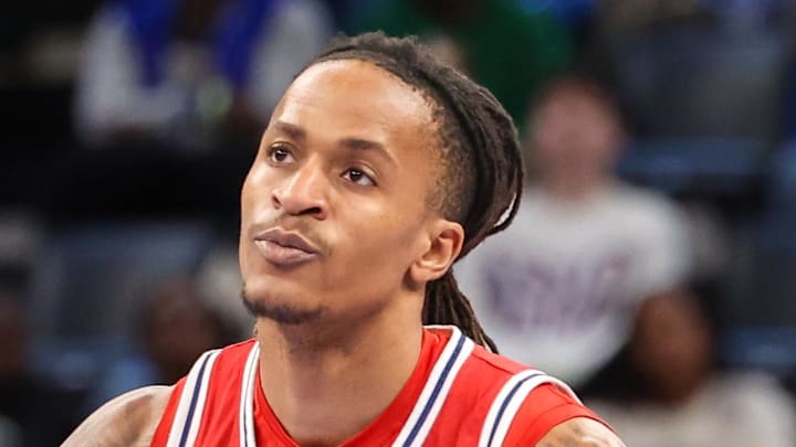 Feb 23, 2025; Memphis, Tennessee, USA; Florida Atlantic Owls forward Kaleb Glenn (1) reacts after a three point basket against the Memphis Tigers during the first half at FedExForum. Mandatory Credit: Wesley Hale-Imagn Images