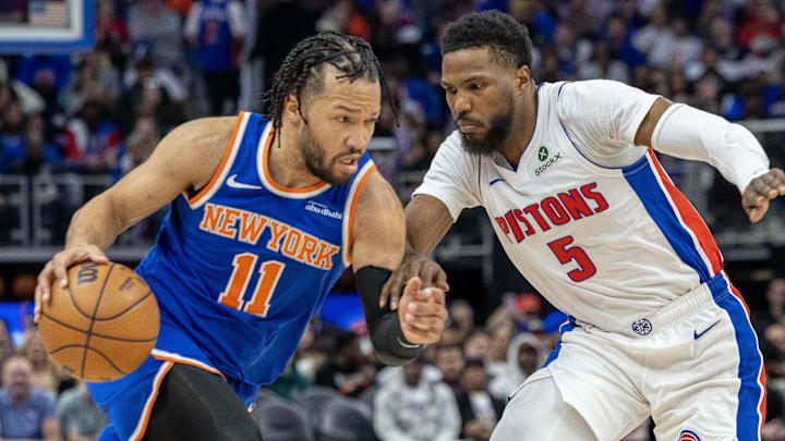 Apr 27, 2025; Detroit, Michigan, USA; Detroit Pistons guard Malik Beasley (5) defends against New York Knicks guard Jalen Brunson (11) during the first quarter of game four of first round for the 2025 NBA Playoffs at Little Caesars Arena. Mandatory Credit: David Reginek-Imagn Images Apr 27, 2025; Detroit, Michigan, USA; Detroit Pistons guard Malik Beasley (5) defends against New York Knicks guard Jalen Brunson (11) during the first quarter of game four of first round for the 2025 NBA Playoffs at Little Caesars Arena. Mandatory Credit: David Reginek-Imagn Images