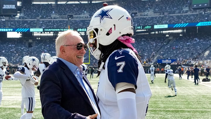 Dallas Cowboys owner Jerry Jones with cornerback Trevon Diggs on the field before a game against the New York Jets Dallas Cowboys owner Jerry Jones with cornerback Trevon Diggs on the field before a game against the New York Jets