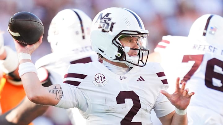 Mississippi State quarterback Blake Shapen (2) during a college football game between Tennessee and Mississippi State at Davis Wade Stadium in Starkville, Miss.