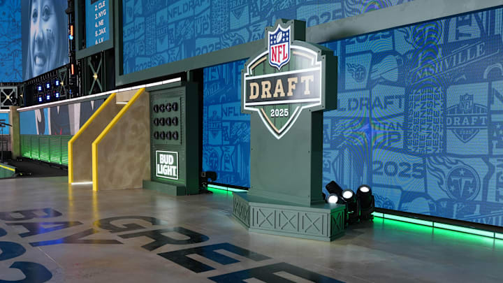 Apr 24, 2025; Green Bay, WI, USA; The Green Bay 2025 logo on the main stage before the NFL Draft at Lambeau Field. Mandatory Credit: Kirby Lee-Imagn Images