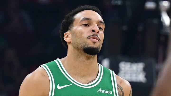Oct 8, 2026; Cleveland, Ohio, USA;  Boston Celtics guard Devin Carter (99) backpedals after a three point basket during the first half of a preseason game against the Cleveland Cavaliers at Rocket Arena.  Mandatory Credit: David Dermer-Imagn Images