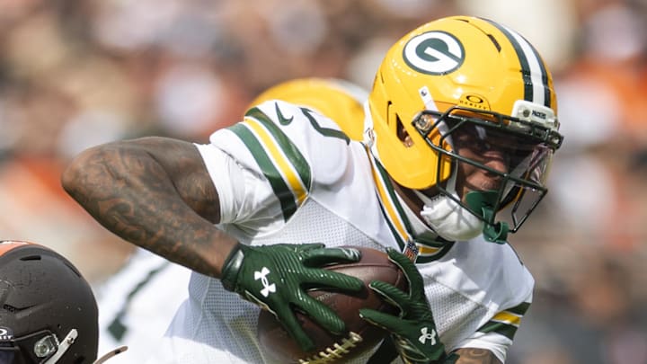 Green Bay Packers wide receiver Matthew Golden (0) runs with the ball on Sunday against the Browns.