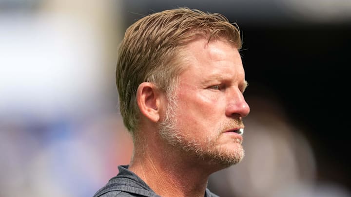 Aug 9, 2025; Inglewood, California, USA; Los Angeles Rams general manager Les Snead watches during the game against the Dallas Cowboys at SoFi Stadium. Mandatory Credit: Kirby Lee-Imagn Images