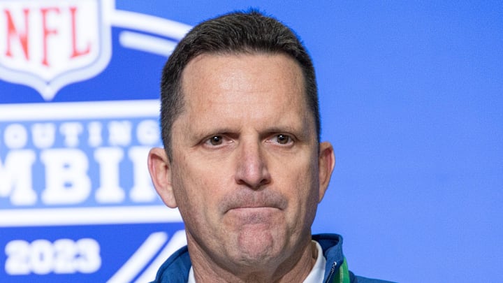 Feb 28, 2023; Indianapolis, IN, USA; Denver Broncos general manager George Paton speaks to the press at the NFL Combine at Lucas Oil Stadium. Mandatory Credit: Trevor Ruszkowski-Imagn Images