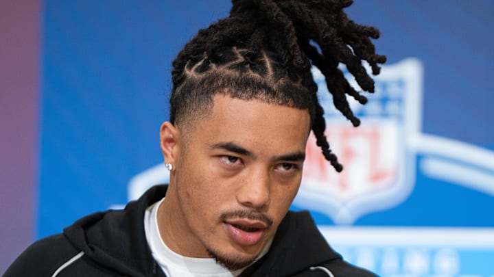 Feb 27, 2026; Indianapolis, IN, USA; Southern California wideout Makai Lemon (WO29) speaks to members of the media during the NFL Combine at the Indiana Convention Center. Mandatory Credit: Jacob Musselman-Imagn Images