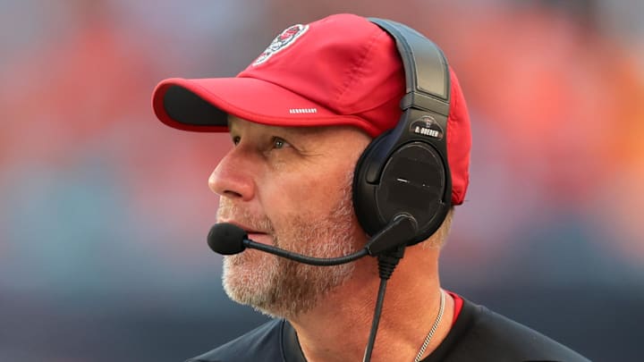 Nov 15, 2025; Miami Gardens, Florida, USA; NC State Wolfpack head coach Dave Doeren watches from the sideline against the Miami Hurricanes during the second quarter at Hard Rock Stadium. Mandatory Credit: Sam Navarro-Imagn Images