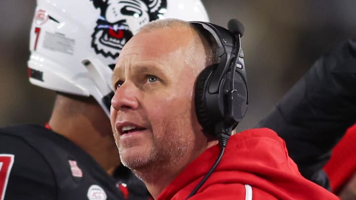 Nov 21, 2024; Atlanta, Georgia, USA; North Carolina State Wolfpack head coach Dave Doeren on the sideline against the Georgia Tech Yellow Jackets in the fourth quarter at Bobby Dodd Stadium at Hyundai Field. Mandatory Credit: Brett Davis-Imagn Images