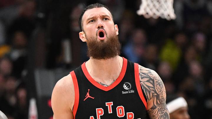 Mar 13, 2026; Toronto, Ontario, CAN;  Toronto Raptors center Sandro Mamukelashvili (54) reacts after missing a basket against the Phoenix Suns in the first half at Scotiabank Arena. Mandatory Credit: Dan Hamilton-Imagn Images