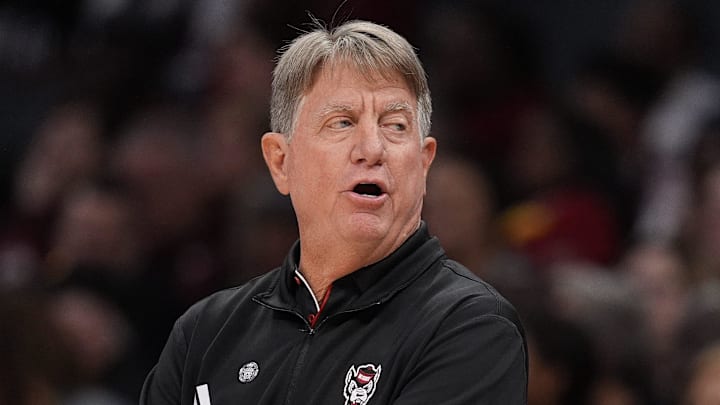 Nov 10, 2024; Charlotte, NC, USA; NC State Wolfpack head coach Wes Moore during the first half against the South Carolina Gamecocks at the Ally Tip Off at Spectrum Center. Mandatory Credit: Jim Dedmon-Imagn Images Nov 10, 2024; Charlotte, NC, USA; NC State Wolfpack head coach Wes Moore during the first half against the South Carolina Gamecocks at the Ally Tip Off at Spectrum Center. Mandatory Credit: Jim Dedmon-Imagn Images