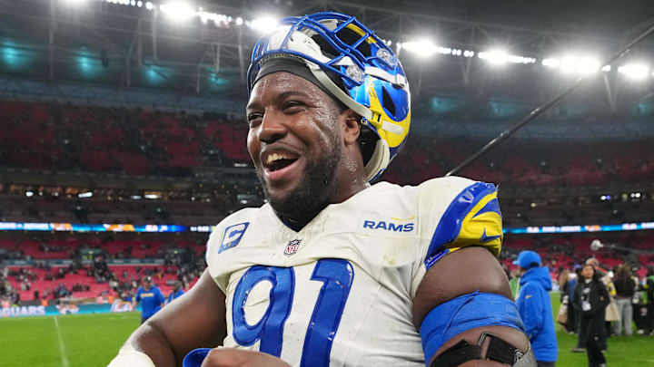 Oct 19, 2025; London, United Kingdom; Los Angeles Rams defensive end Kobie Turner (91) walks off the field after their win against the Jacksonville Jaguars in an NFL International Series game at Wembley Stadium. Mandatory Credit: Kirby Lee-Imagn Images Oct 19, 2025; London, United Kingdom; Los Angeles Rams defensive end Kobie Turner (91) walks off the field after their win against the Jacksonville Jaguars in an NFL International Series game at Wembley Stadium. Mandatory Credit: Kirby Lee-Imagn Images