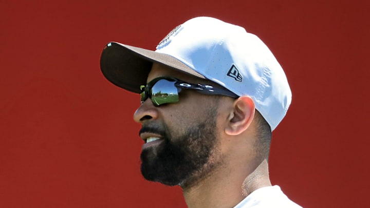 Cleveland Browns general manager Andrew Berry watches practice on the second day of rookie minicamp Cleveland Browns general manager Andrew Berry watches practice on the second day of rookie minicamp