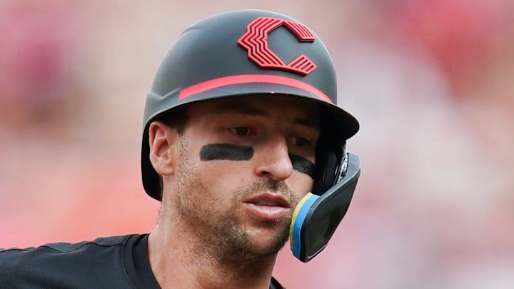 Cincinnati Reds first baseman Spencer Steer (7) runs the bases after hitting a homer in the second inning of a MLB game between the Cincinnati Reds and San Diego Padres, Friday, June 27, 2025, at Great American Ball Park in Downtown Cincinnati.