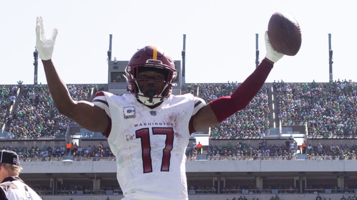 Oct 1, 2023; Philadelphia, Pennsylvania, USA; Washington Commanders wide receiver Terry McLaurin (17) reacts to a fumble recovery for a touchdown against the Philadelphia Eagles during the second quarter at Lincoln Financial Field. Mandatory Credit: Bill Streicher-USA TODAY Sports