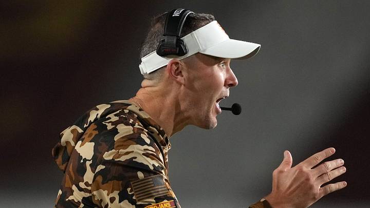 Sep 12, 2026; Los Angeles, California, USA; Southern California Trojans head coach Lincoln Riley reacts against the Louisiana Ragin' Cajuns in the second half at United Airlines Field at Los Angeles Memorial Coliseum. Mandatory Credit: Kirby Lee-Imagn Images Sep 12, 2026; Los Angeles, California, USA; Southern California Trojans head coach Lincoln Riley reacts against the Louisiana Ragin' Cajuns in the second half at United Airlines Field at Los Angeles Memorial Coliseum. Mandatory Credit: Kirby Lee-Imagn Images