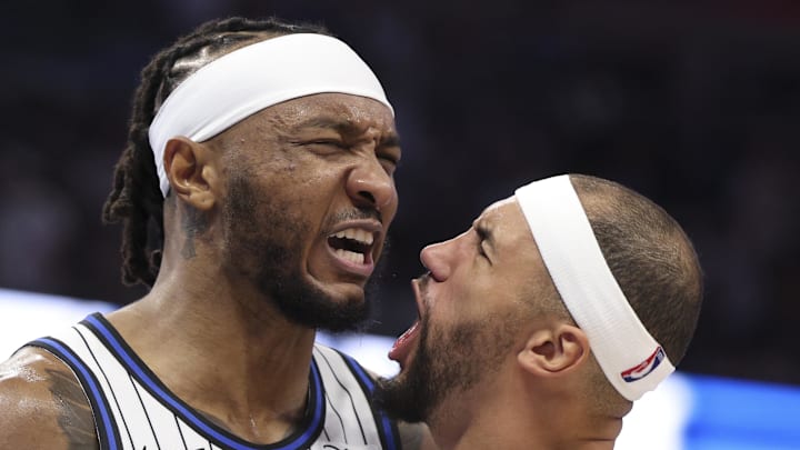 Orlando Magic center Wendell Carter Jr. reacts with guard Jalen Suggs. Orlando Magic center Wendell Carter Jr. reacts with guard Jalen Suggs.