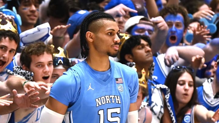 Mar 7, 2026; Durham, North Carolina, USA; North Carolina Tar Heels forward Jarin Stevenson (15) is harassed by Duke Blue Devils fans as he attempts to inbound the ball during the second half at Cameron Indoor Stadium.  The Duke Blue Devils won 76-61. Mandatory Credit: Rob Kinnan-Imagn Images