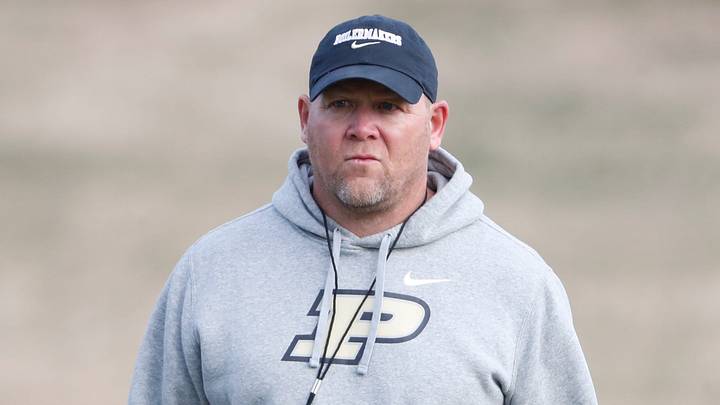 Purdue Boilermakers head coach Barry Odom looks down the field. Purdue Boilermakers head coach Barry Odom looks down the field.