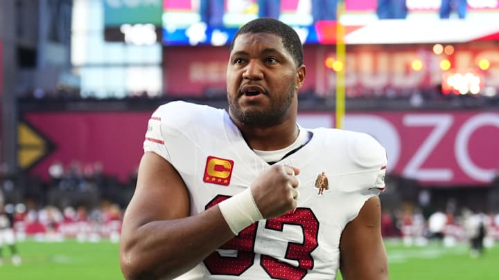 Dec 21, 2025; Glendale, Arizona, USA;  Arizona Cardinals defensive tackle Calais Campbell (93) stands on the field prior to a game against the Atlanta Falcons at State Farm Stadium. Mandatory Credit: Joe Camporeale-Imagn Images