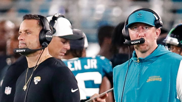 Aug 9, 2025; Jacksonville, Florida, USA; Jacksonville Jaguars defensive coordinator Anthony Campanile stands with head coach Liam Coen on the sidelines during a preseason game against the Pittsburgh Steelers at EverBank Stadium. Mandatory Credit: Travis Register-Imagn Images