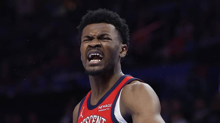 Jan 27, 2026; Oklahoma City, Oklahoma, USA;  New Orleans Pelicans center Yves Missi (21) reacts after a play against the Oklahoma City Thunder during the second half at Paycom Center. Mandatory Credit: Alonzo Adams-Imagn Images