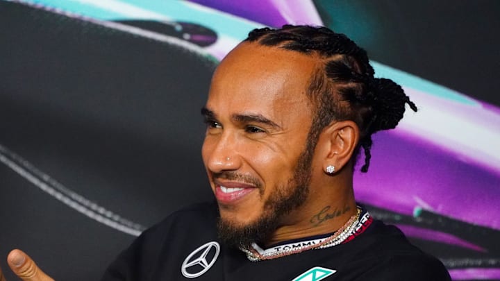 May 2, 2024; Miami Gardens, Florida, USA; Mercedes driver Lewis Hamilton (44) addresses the media May 2, 2024; Miami Gardens, Florida, USA; Mercedes driver Lewis Hamilton (44) addresses the media