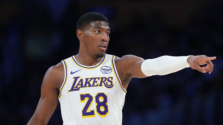 Mar 8, 2026; Los Angeles, California, USA; Los Angeles Lakers forward Rui Hachimura (28) reacts against the New York Knicks in the second half at Crypto.com Arena. Mandatory Credit: Kirby Lee-Imagn Images