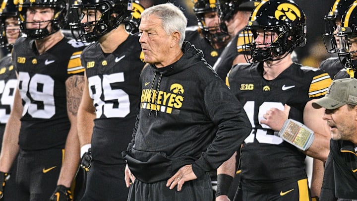 Nov 2, 2024; Iowa City, Iowa, USA; Iowa Hawkeyes head coach Kirk Ferentz watches his team warm up before the game against the Wisconsin Badgers at Kinnick Stadium. Mandatory Credit: Jeffrey Becker-Imagn Images