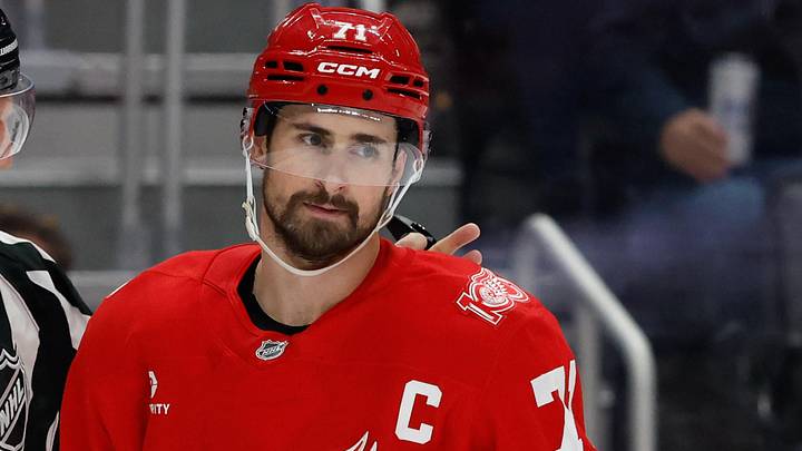 Nov 20, 2025; Detroit, Michigan, USA;  Detroit Red Wings center Dylan Larkin (71) reacts in the second period against the New York Islanders at Little Caesars Arena. Mandatory Credit: Rick Osentoski-Imagn Images
