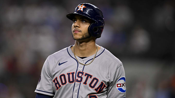 May 16, 2025; Arlington, Texas, USA; Houston Astros shortstop Jeremy Pena (3) walks off the field after striking out against the Texas Rangers during the first inning at Globe Life Field. 