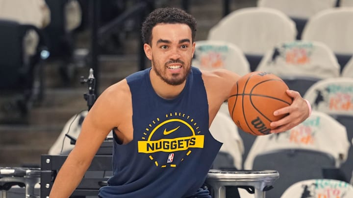 Apr 12, 2026; San Antonio, Texas, USA; Denver Nuggets guard Tyus Jones warms up before a game against the San Antonio Spurs at Frost Bank Center. Mandatory Credit: Scott Wachter-Imagn Images