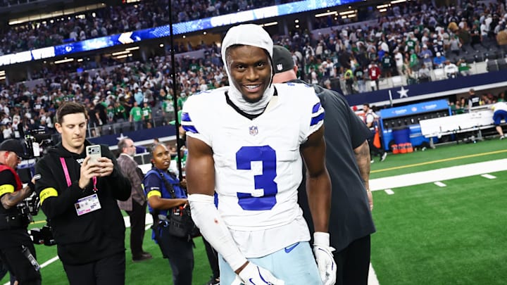 Dallas Cowboys wide receiver George Pickens smiles after the game against the Philadelphia Eagles at AT&T Stadium.