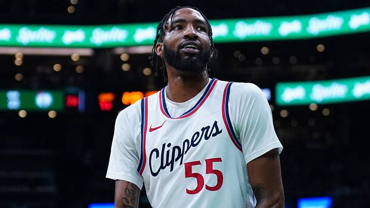 Nov 25, 2024; Boston, Massachusetts, USA; LA Clippers forward Derrick Jones Jr. (55) reacts after being called for a technical foul against the Boston Celtics in the second quarter at TD Garden. Mandatory Credit: David Butler II-Imagn Images