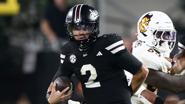 Mississippi State Bulldogs quarterback Blake Shapen (2) runs during the second quarter against the Mississippi State Bulldogs at Davis Wade Stadium at Scott Field.
