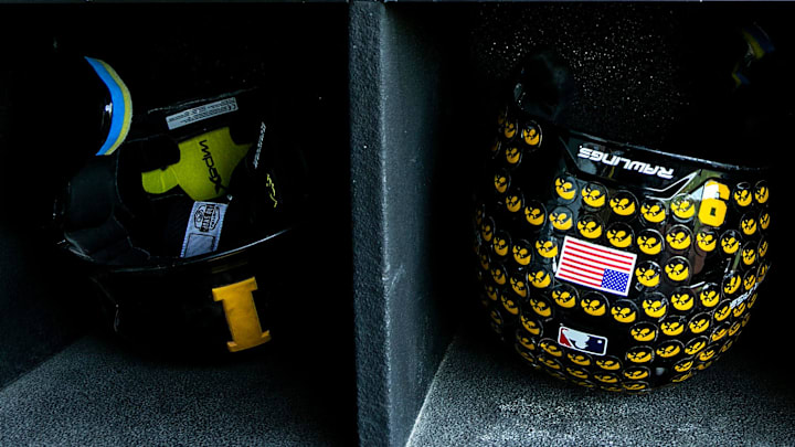 Baseball helmets are seen in the Iowa dugout during Hawkeyes baseball media day, Wednesday, Feb. 8, 2023, at Duane Banks Field in Iowa City, Iowa.

230208 Iowa Baseball 012 Jpg