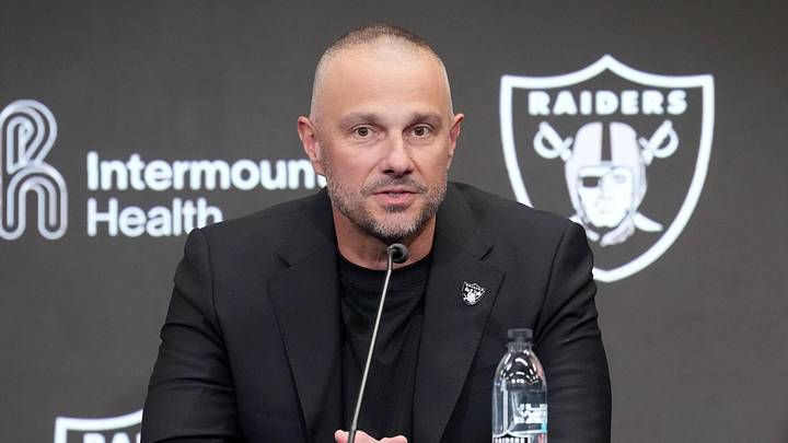 Apr 24, 2026; Henderson, NV, USA; Las Vegas Raiders quarterback Fernando Mendoza (right) and general manager John Spytek at introductory press conference at Intermountain Health Performance Center after being selected as the No. 1 pick in the 2026 NFL Draft. Mandatory Credit: Kirby Lee-Imagn Images