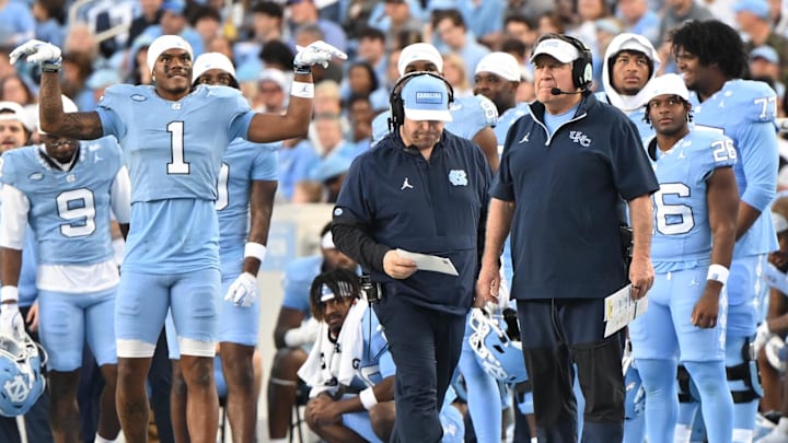 Nov 22, 2025; Chapel Hill, North Carolina, USA; North Carolina Tar Heels head coach Bill Belichick watches play during the first half against the Duke Blue Devils at Kenan Stadium. Mandatory Credit: William Howard-Imagn Images