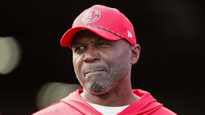 Dec 29, 2024; Tampa, Florida, USA; Tampa Bay Buccaneers head coach Todd Bowles looks on before a game against the Carolina Panthers at Raymond James Stadium. Mandatory Credit: Nathan Ray Seebeck-Imagn Images