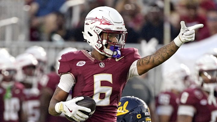 Former Florida State Seminoles wide receiver Jalen Brown (6) signals first down after a catch during the first half against the California Golden Bears at Doak S. Campbell Stadium. Former Florida State Seminoles wide receiver Jalen Brown (6) signals first down after a catch during the first half against the California Golden Bears at Doak S. Campbell Stadium.