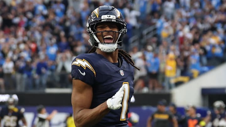 Dec 27, 2025; Inglewood, California, USA; Los Angeles Chargers wide receiver Quentin Johnston (1) reacts after making a 60-yard reception against the Houston Texans during the first half at SoFi Stadium. Mandatory Credit: Kiyoshi Mio-Imagn Images Dec 27, 2025; Inglewood, California, USA; Los Angeles Chargers wide receiver Quentin Johnston (1) reacts after making a 60-yard reception against the Houston Texans during the first half at SoFi Stadium. Mandatory Credit: Kiyoshi Mio-Imagn Images