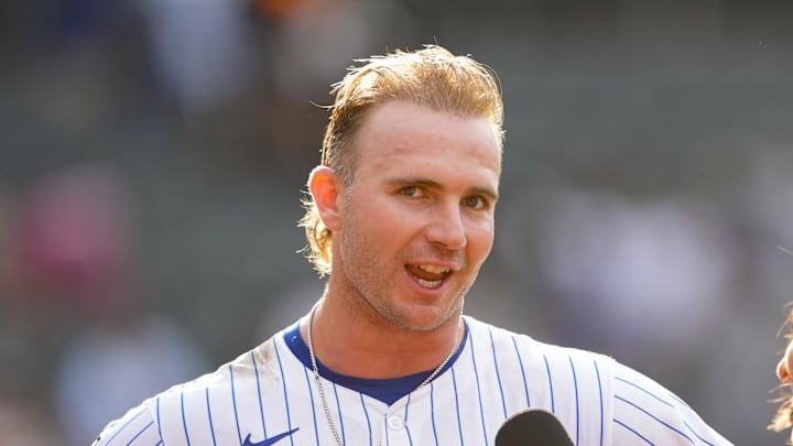 Sep 14, 2025; New York City, New York, USA; New York Mets first baseman Pete Alonso (20) conducts an interview after hitting a walk off three run home run against the Texas Rangers during the tenth inning at Citi Field. Mandatory Credit: Gregory Fisher-Imagn Images Sep 14, 2025; New York City, New York, USA; New York Mets first baseman Pete Alonso (20) conducts an interview after hitting a walk off three run home run against the Texas Rangers during the tenth inning at Citi Field. Mandatory Credit: Gregory Fisher-Imagn Images