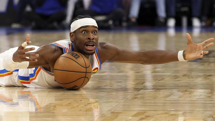 Mar 17, 2026; Orlando, Florida, USA; Oklahoma City Thunder guard Shai Gilgeous-Alexander (2) reacts after a loose ball against the Orlando Magic in the second quarter at Kia Center. Mandatory Credit: Nathan Ray Seebeck-Imagn Images