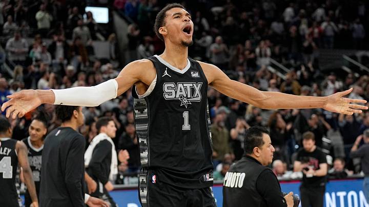 Jan 27, 2024; San Antonio, Texas, USA; San Antonio Spurs forward Victor Wembanyama (1) reacts after a victory over the Minnesota Timberwolves at Frost Bank Center. Mandatory Credit: Scott Wachter-USA TODAY Sports