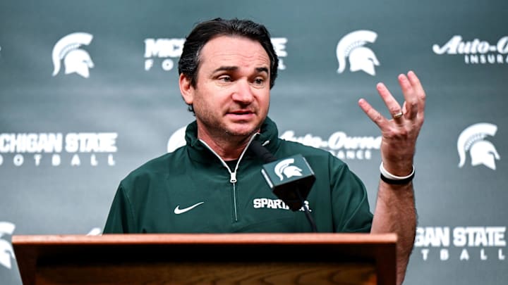 Michigan State coach Jonathan Smith talks the media on the first national signing day for college football recruits Wednesday, Dec. 4, 2024, at Spartan Stadium in East Lansing.